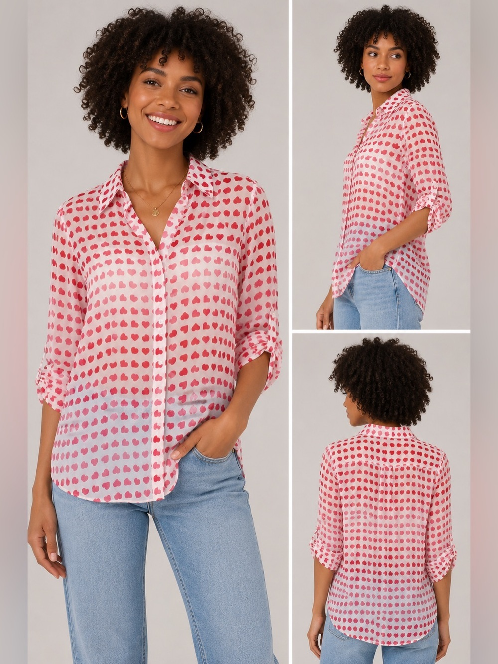 Atmosphere Pink Heart Print Button Front Blouse Sheer Roll Tab Sleeve Romantic